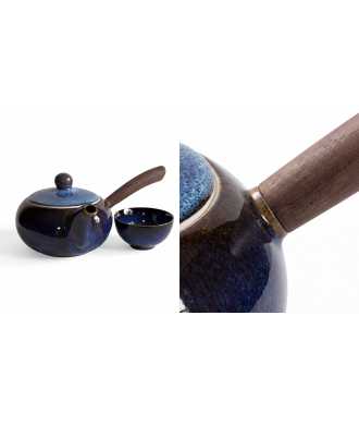 Set en Porcelaine Bleue avec Poignées en Bois